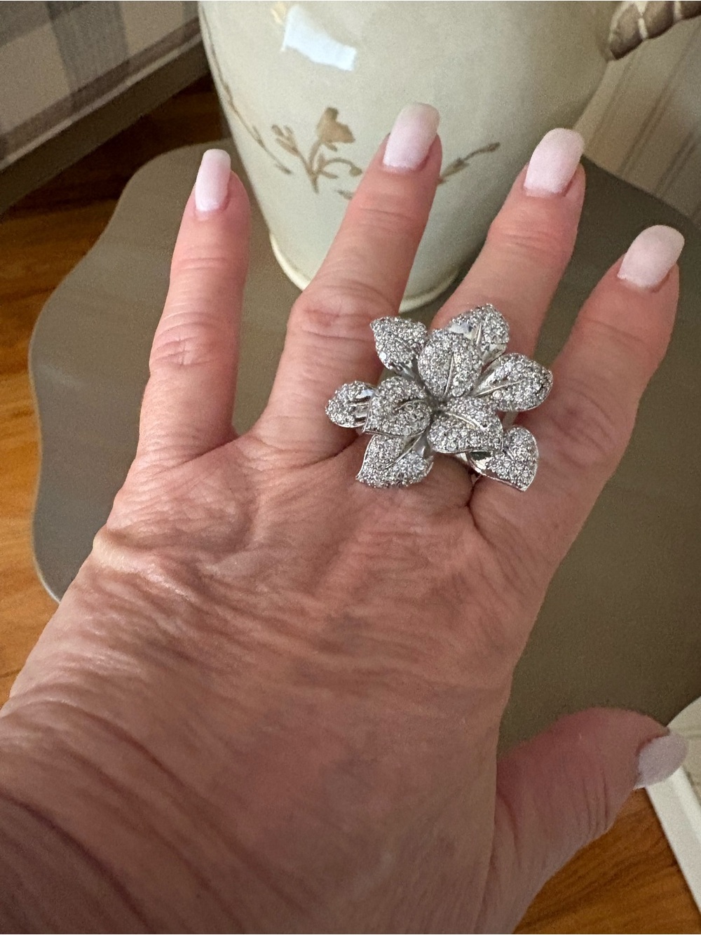 Cache Silver-Tone Crystal Floral Cocktail Ring
